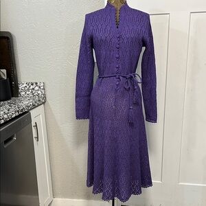 VINTAGE MISS JoANNE CALIFORNIA PURPLE KNIT CROCHET  MIDI DRESS 70’s SIZE SMALL